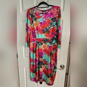 Anna Scholz 16 1X Turquoise Pink Orange Floral Midi Dress with 3/4 Sleeves